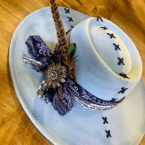 Hand Burned Fedora Elegant Blue Women's Hat with Feather Accent